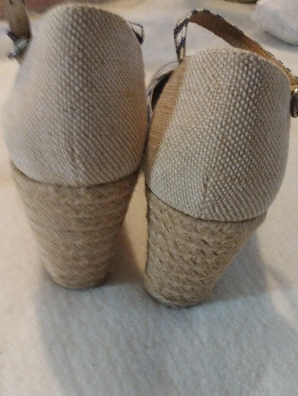 White Mountain Denim Navy and Beige Striped Espadrille Wedge Sandals Size 10